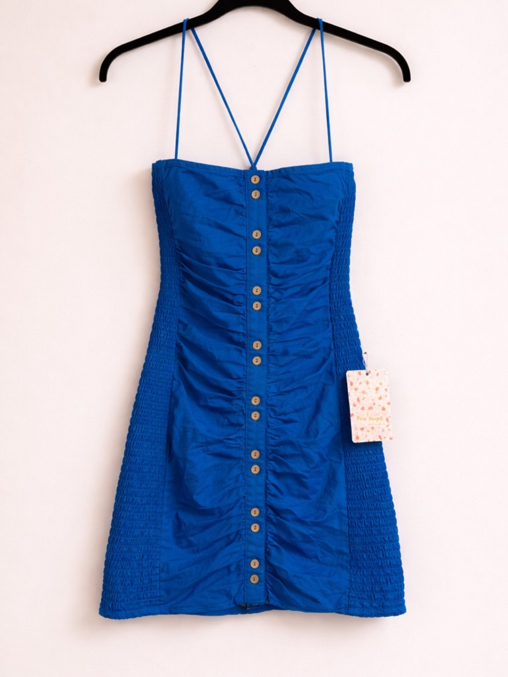 Free People Bali Babe Mini Dress Blue Strappy Smocked Size M NWT